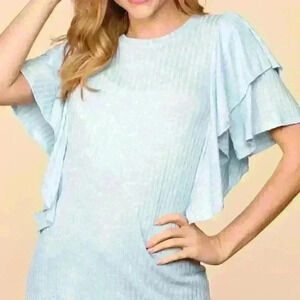 Baby Blue Ribbed Double Flutter Short Sleeve Top
